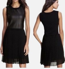 NWT BCBG MAXAZRIA SIZE S Cleo Mixed Media Faux Leather & Pleated Skirt Dress