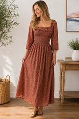 Coble Mode XS Brown Paisley Smocked Midi Dress Puff Sleeve Cottagecore Boho
