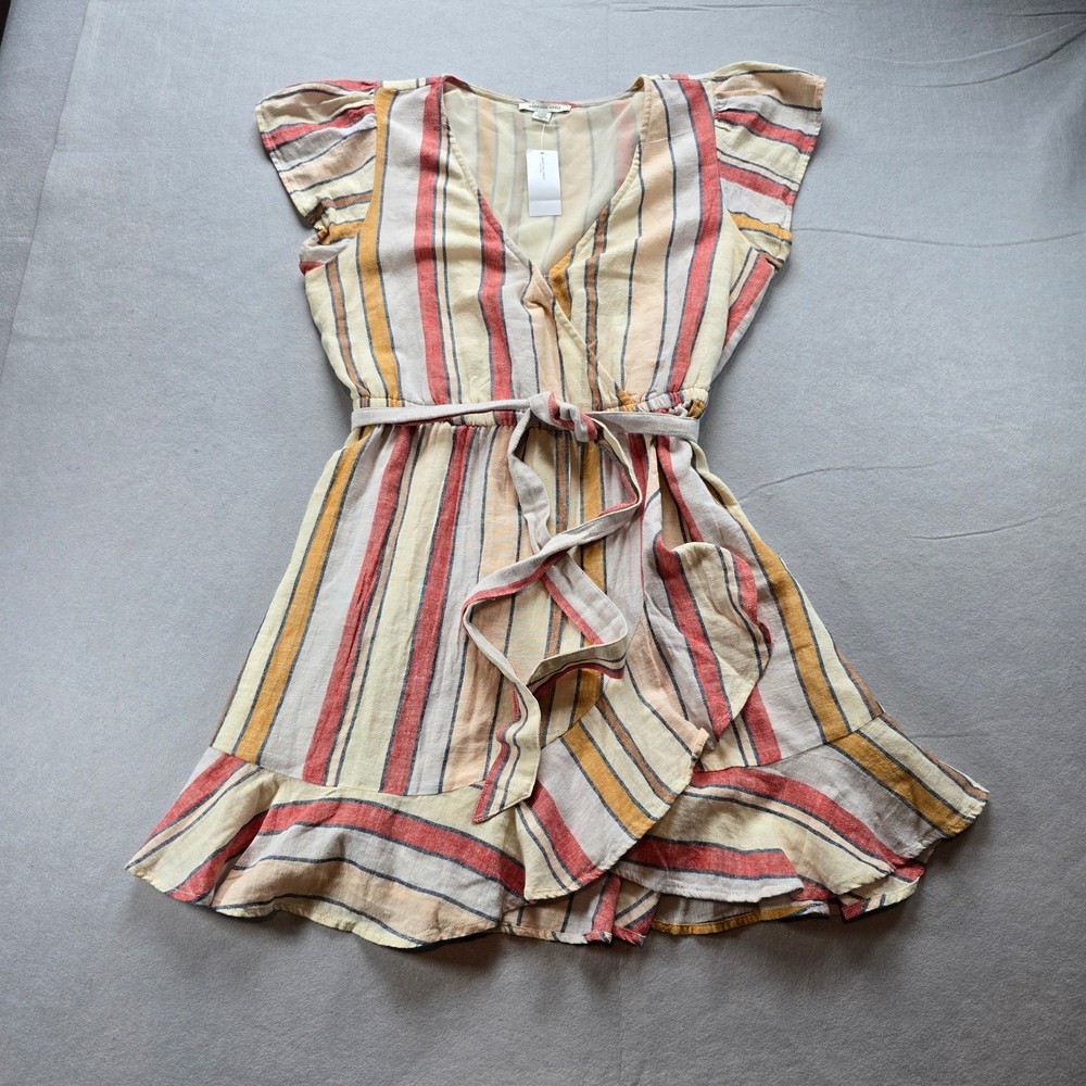 American Eagle Striped Wrap Mini Dress Red Yellow Cream Flutter Sleeve M Petite
