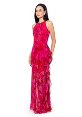 Betsy & Adam Fuchsia Poppy Halter Floral Printed Chiffon Maxi Dress Size 12 $259