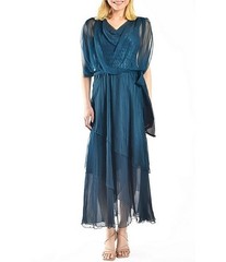 KOMAROV Moroccan Blue Blouson Chiffon Tiered Tie Waist Maxi Gown Dress L = 10/12