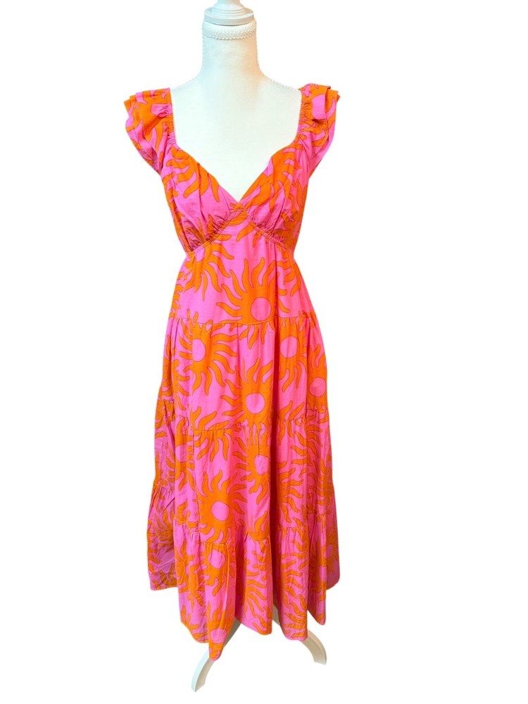 J.Marie Mara Ruffle Strap Tie Back Midi Dress Pink Orange Sun Print Tiered Size