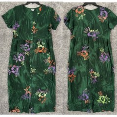 Go Fish Tropical Floral Batik Button Down Maxi Dress Large Island Beach Vtg