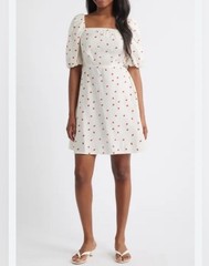 Size Large Cherry Print Light Blue Striped Puff Sleeve Fit And Flare Dress New