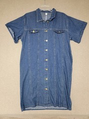 Denim Dress Woman&rsquo;s Large Button Front Knee-Length Short Sleeves Dark Wash BLUE