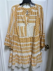 Belle Isle yellow and cream geometric patterned dress with ruffle sleeves