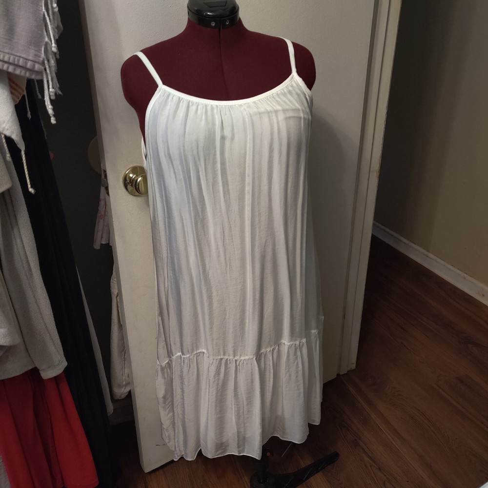 Bella Dahl White Solid Shift Dress Round Neck Spaghetti Strap Short Viscose/Silk