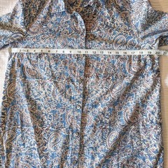 Boho Kalamkari Maxi Shirt Dress S Blue Paisley Cotton Duster Slits Pockets L/S