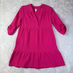 Chico&rsquo;s Tunic Dress Womens 1 Medium Pink Cotton Gauze Tiered Roll Tab Sleeve