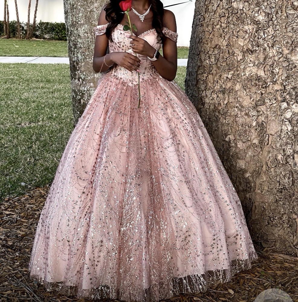 Pink Off the Shoulder Sweetheart Tulle Sequin Glitter Ballgown Formal Long