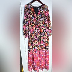 Vince Camuto Maxi Dress Black and Pink Long Sheer Sleeve Floral, 14w and 22w