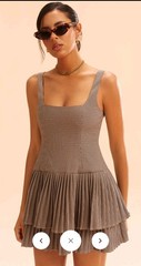 CMMENSE Brown/White Houndstooth Square Neck Sleeveless Pleated Mini Dress S