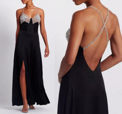 PatBO crystal-beaded side-high-slit open-back black satin gown sz 10 $995