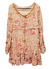 Vintage Boho Floral Dress Pink Cream Tiered Ruffle Tassel Smock Mini Dress