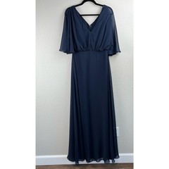 After Six Midnight Navy V-Neck Split Sleeve Blouson Maxi Dress Gown 14R NWT