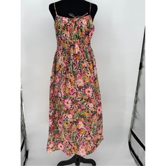 Cotton Floral Spaghetti Strap Maxi Dress in black, Pink & Green