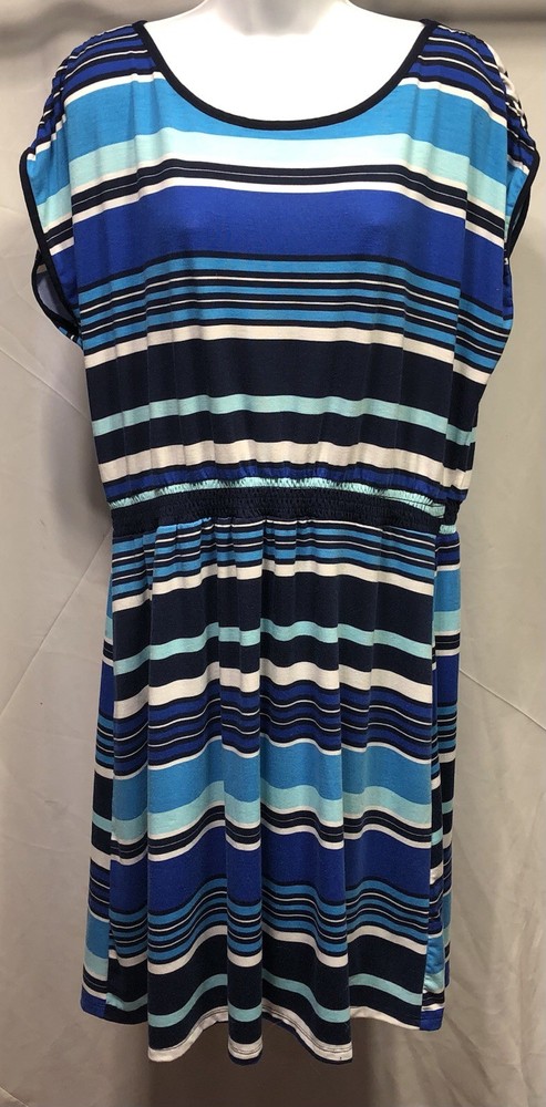 Vintage Faded Glory shirt dress 2X Blue Stripe Midi Short sleeve sporty 90s