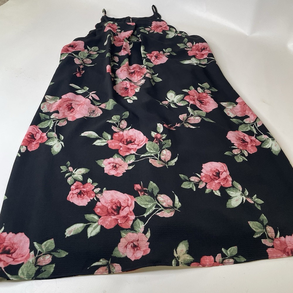 IZ Byer Women&rsquo;s Size M Black Pink Green Floral Chiffon V-Neck Midi Dress