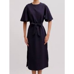 Iris & Ink Navy Flutter Sleeve Tie Waist Midi Dress Size 10 Made in Italy