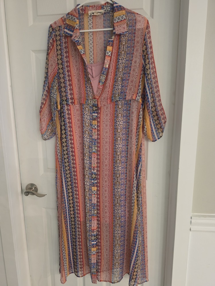 Hope Springs Boho Patchwork Maxi Shirtdress Duster with Gold Lurex Accent Set LG
