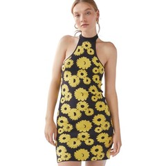 Urban Outfitters Charlie Yellow Black Floral Knit Sweater Mini Dress Size Small