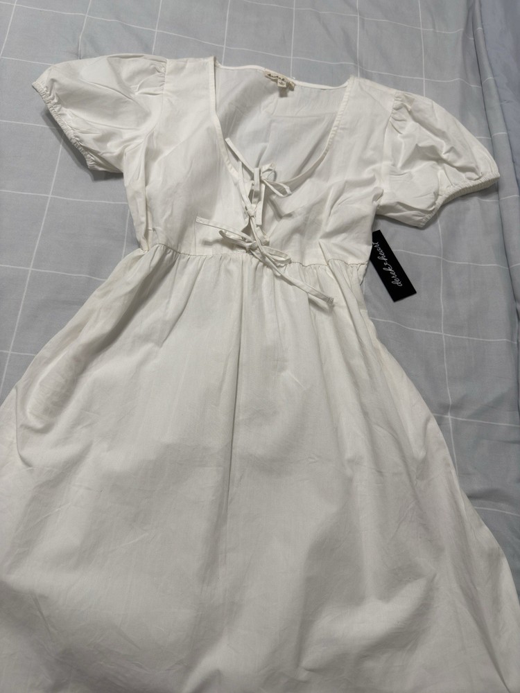 Derek Heart White Solid A-Line Midi Dress M Puff Sleeve V-Neck Tie Front