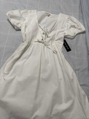 Derek Heart White Solid A-Line Midi Dress M Puff Sleeve V-Neck Tie Front