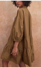 Women’s Brown Solid Tiered Collared Button-Front Shirt Dress 3/4 Sleeve XL