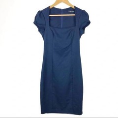 Foreign Exchange Navy Blue Square Neck Puff Sleeve Sheath Dress Bodycon Slit