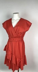 Iro Women&rsquo;s Red V-Neck Short Sleeve Billow Ruffle Linen Mini Dress 34