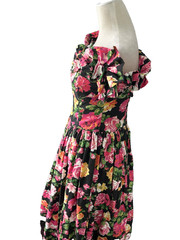 Vintage 80s Expo Black Floral Off Shoulder Boned Prom Dress Size 6 USA
