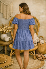 Ghanda Vivienne Dress XS – Steel Blue Floral Mini Dress – Shirred Bodice – Boho