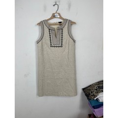 Ann Taylor Women 8 Linen Cotton Embroidered Sleeveless Shift Dress Oatmeal Black