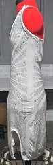 White Silver Rhinestone Bodycon Midi Dress M V-Neck Strappy Zip Stretch