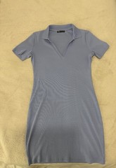 Zara Ribbed Knit Polo Collar V Neck Mini Dress Short Sleeves Periwinkle Blue L