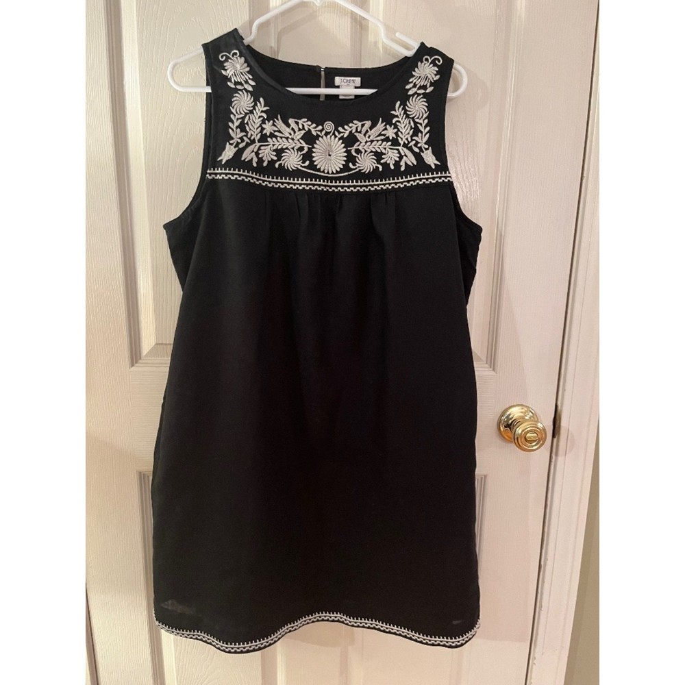 J.Crew Black Embroidered Linen Shift Dress Sleeveless Boho Mini Size Large