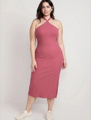 Old Navy Women&rsquo;s Size XXL Pink Fitted Rib Knit Halter Midi Dress Lounge Resort