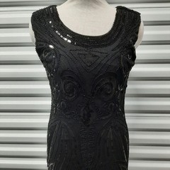 Vintage Black Beaded Fringe Dress Womens Small Whimsigoth Dark Romantic Gothic