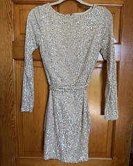 Windsor Silver Sequin Bodycon Mini Dress Long Sleeve Round Neck Stretch M
