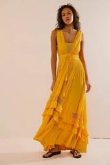 NWT Free People Santa Maria Maxi in Citrus Ave Orange Crochet Lace Trim Dress S