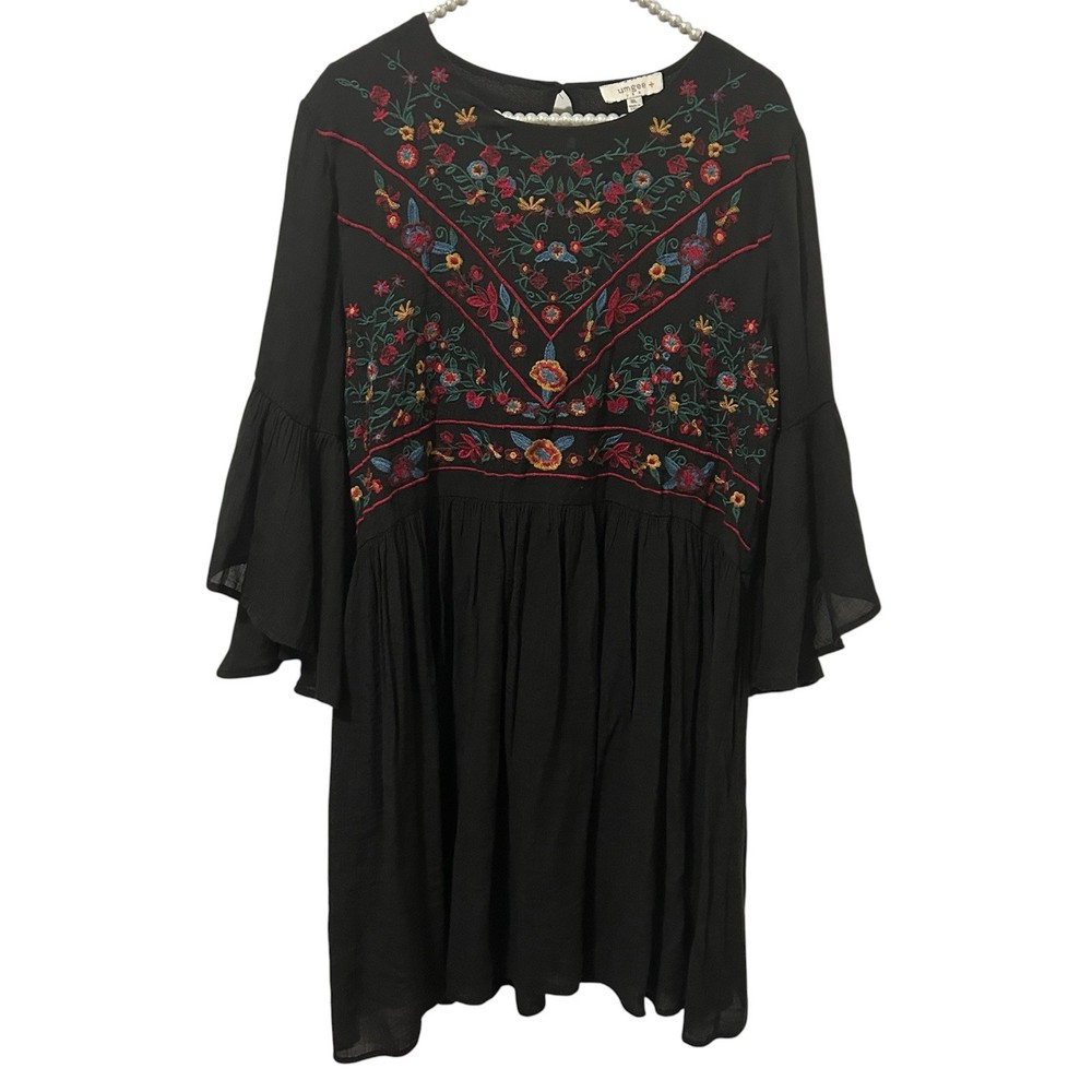 Umgee Boho Mini Dress Women 1XL Black Floral Embroidered Bell Sleeve Festival