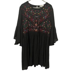 Umgee Boho Mini Dress Women 1XL Black Floral Embroidered Bell Sleeve Festival