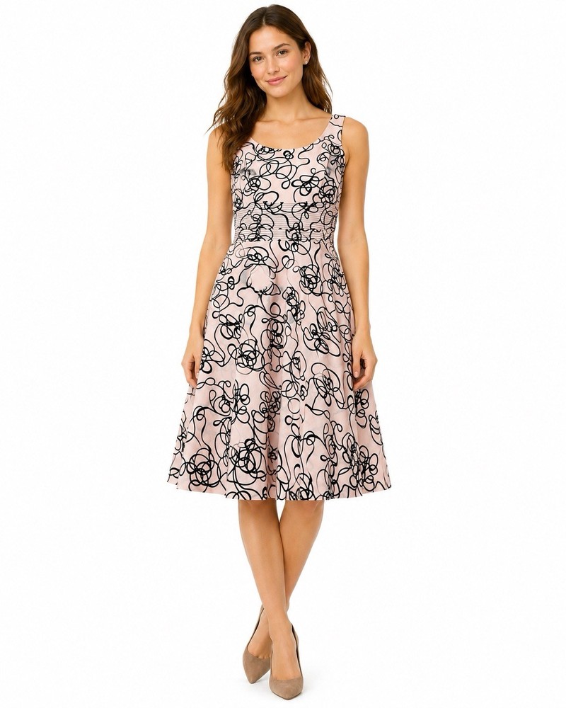 Karin Stevens Cotton Fit & Flare Dress Size 12 Pink Black Abstract Midi