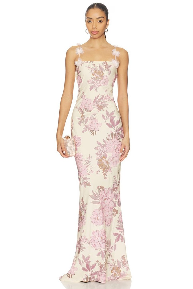 NWOT BRONX BANCO Magnolia Rosie Off-Shoulder Floral Column Gown, XS/S/M/L