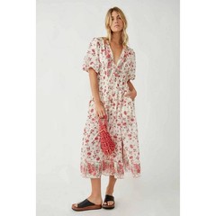 Free People Lysette Floral Midi Dress S Cream Rose Puff Sleeve Drawstring Boho
