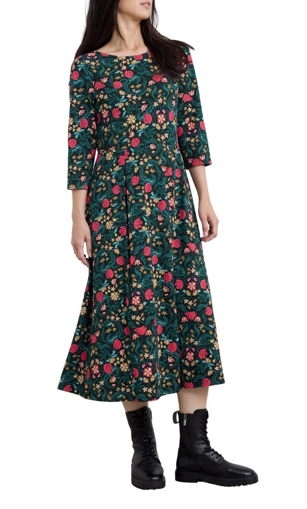 Seasalt Cornwall Teal, Turquoise & Pink Floral 3/4 Sleeve Cotton Midi Dress 18