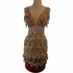 Dress L Sequin Tassel Fringe Sheer Mesh Champaign Louisa Mini Bella Barnett New