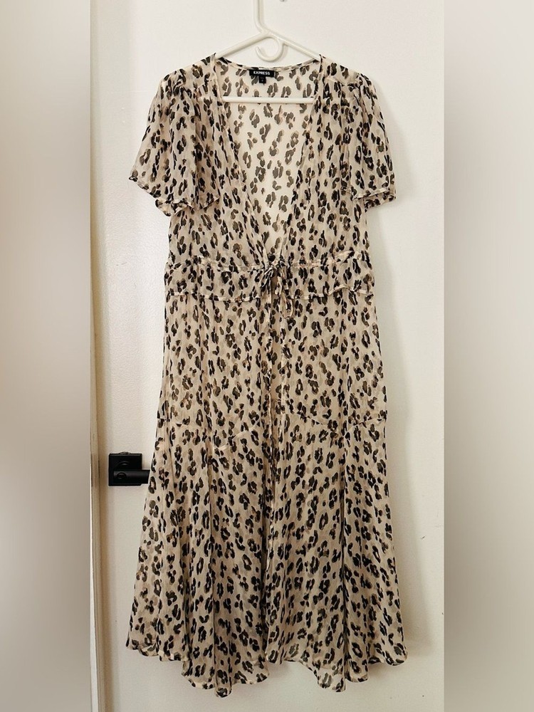Express Leopard-Print V-Neck Long Coverup/duster in Beige, Black and Brown