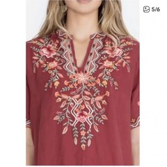 Johnny Was Alise 100% Ramie Embroidered V-Neck Mini Dress in Maroon size:L