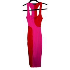 Naked Wardrobe NWOT Red Pink Rib Colorblock Racerback Midi Dress Sleeveless L